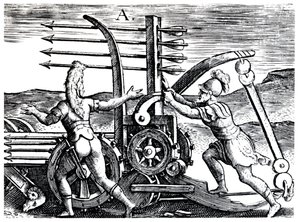 Soldati romani che usano una macchina da guerra che spara frecce multiple, 1605