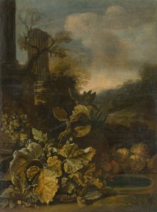 Paesaggio romantico con natura morta e colonna antica da Unbekannt