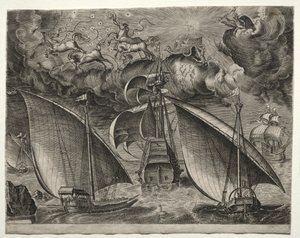 Imbarcazioni a vela: Due galee che navigano dietro un tre-alberi armato con Fetonte..., 1561-65 da Unbekannt