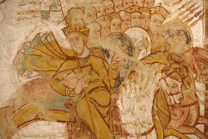 Abbazia di Saint-Savin pittura: re attaccati da Abramo e dai suoi seguaci, Saint-Savin-sur-Gartempe, Francia