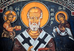 San Nicola circonda Cristo e Maria affresco bizantino del XIV secolo (1332) Nartece, parete sud Chiesa della Vergine Phorbiotissa, Asinou sito UNESCO regione di Troodos, Cipro da Unbekannt