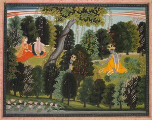 Sakhi persuade Radha a incontrare Krishna, dal Lambagraon Gita Govinda da Unbekannt
