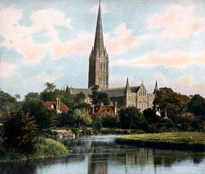 Cattedrale di Salisbury vista dal fiume Avon, Salisbury, Wiltshire, inizio XX secolo da Unbekannt