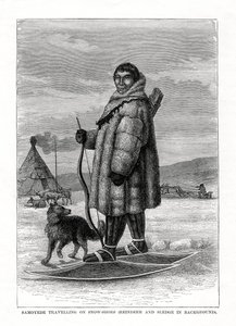 Samoyede che viaggia con le racchette da neve, Russia, 1877