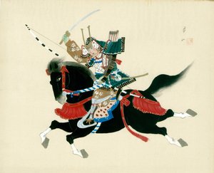 Guerriero samurai a cavallo. Un dipinto giapponese su seta, in stile tradizionale giapponese