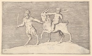 Satiro che guida una capra su cui cavalca un bambino, pubblicato ca. 1599-1622 da Unbekannt