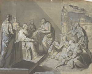 Scena con la presentazione di una reliquia di un santo (recto), Testa di una donna (verso) da Unbekannt
