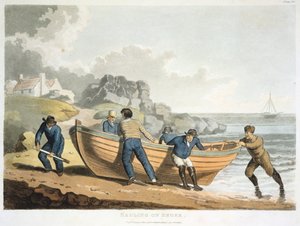 Marinai che tirano una scialuppa clinker-built sulla riva, 1821 da Unbekannt
