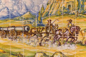 Segovia, Provincia di Segovia, Spagna. Dipinto su piastrelle di ceramica moderna di un pezzo di artiglieria del XVI secolo trainato da cavalli. da Unbekannt