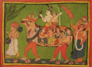 Shiva e Parvati su una mucca composita fatta di donne assemblate da Unbekannt