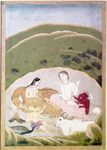 Siva e Parvati con i loro figli, Ganesh e Karttikgya sul Monte Kailash, c. 1745