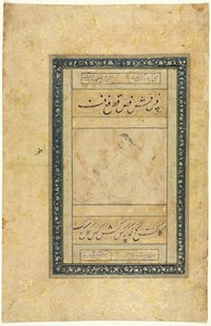 Schizzo di un giovane uomo, singola pagina, illustrazione e testo versi persiani, 1630-1650