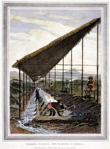 Schiavi che lavano diamanti sorvegliati da supervisori con fruste, Brasile, 1815 da Unbekannt