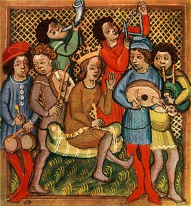 Piccoli tamburi, violino, corno, triangolo, liuto e cornamuse, Bibbia di Olomouc, 1417, 1948