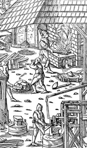 Fusione del ferro e martellatura delle barre con un martello meccanico, 1556