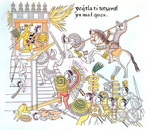 Conquistadores spagnoli con i loro alleati Tlazcalani che attaccano un tempio azteco, 16° secolo da Unbekannt