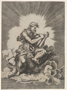 San Giovanni, seduto e con uno strumento di scrittura su una tavoletta, un