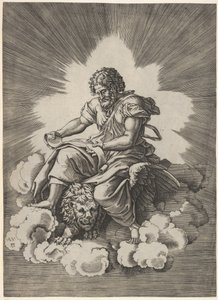 San Marco, seduto con una pergamena srotolata nelle mani, una testa di leone alato e una zampa, dopo il 1518 da Unbekannt