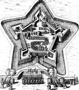 Forte a stella difeso da un fossato sotto assedio, 1617-1619