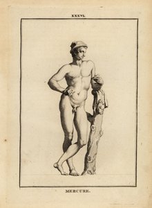 Statua di Mercurio, dio romano del commercio e della comunicazione, con cappello alato petaso e pelle di capra