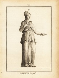 Statua della dea romana della saggezza Minerva Ergane (Minerva Operaia), con elmo e serpente