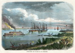Vapore e rimorchiatore sul Mississippi, USA, c1875