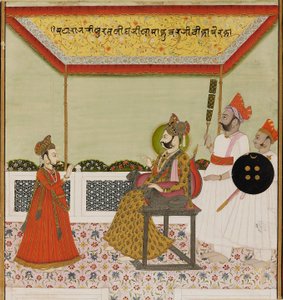Surat Singh siede su un trono con braccioli a forma di leone e riceve il suo giovane figlio, c1800