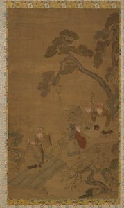 Arazzo: cinque saggi in un giardino sotto i pini, dinastia Ming a Qing, 1368-1911 da Unbekannt