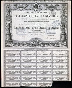 Telegrafia, Certificato di azioni del telegrafo generale Parigi-New York, 27 marzo 1879 da Unbekannt