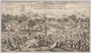 La battaglia di Elei Zhalatu: dalle scene di battaglia della repressione delle ribellioni, c. 1765-1774 da Unbekannt