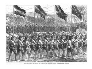 The Black Watch 42nd Highlanders in marcia verso Governors Green, Portsmouth, 1874 da Unbekannt