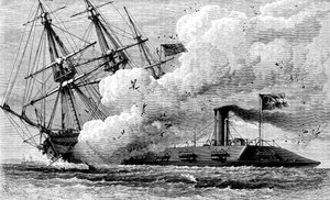 La corazzata confederata Merrimac affonda la USS Cumberland, 1862 c1880 da Unbekannt