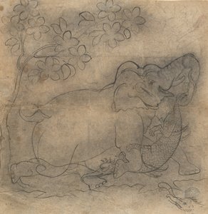 Il Re Elefante Lotta con un Coccodrillo: Illustrazione da una Serie Gajendramoksha, fine XIX sec. da Unbekannt