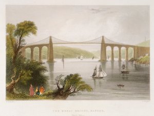 Il ponte Menai, Bangor, Galles del Nord, c1826-c1850