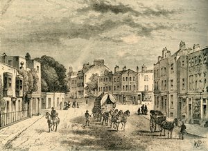 Il vecchio villaggio di Vauxhall, con ingresso ai giardini, nel 1825, c1878 da Unbekannt