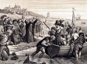 I Padri Pellegrini lasciano Delft Haven per il loro viaggio in America, luglio 1620, 1878 da Unbekannt