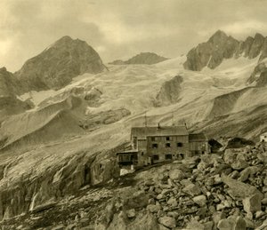 La capanna di Plauen e il ghiacciaio, Zillergrund, Tirolo, Austria, c1935 da Unbekannt