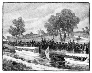 La visita reale a Worsley Hall, la chiatta di stato sul canale Bridgwater, 1851, 1888