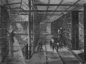 Gli scaffali della British Museum, Bloomsbury, Londra, c1875