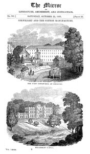 Il primo cotonificio a Cromford, Derbyshire, e la casa di Richard Arkwright, 1836 da Unbekannt