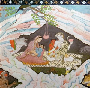 La sacra famiglia seduta in una grotta sul Monte Kailasa