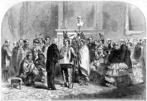 Il presidente degli Stati Uniti induce le tribù ostili a stringersi la mano, 1858 da Unbekannt