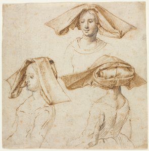 Tre studi di una donna con un elaborato copricapo, c. 1500 da Unbekannt