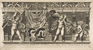 Tre cupidi davanti a una facciata con pilastri, uno con un tridente da Unbekannt