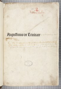 Pagina del titolo di De trinitate e De Civitate Dei cum commento, scritto da Agostino d