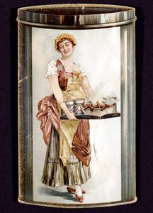 Cartolina commerciale per wurstel in scatola prodotti da Heinrich Bauer di Francoforte sul Meno, Germania, c1895