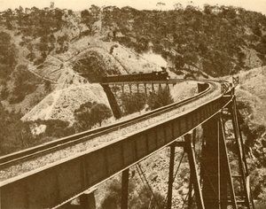 Treno che passa sopra il viadotto, Mount Lofty Range, Australia Meridionale, 1930 da Unbekannt