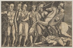 Traiano combatte i Daci, Traiano a cavallo a destra che cavalca verso un gruppo, ca. 1515-1600