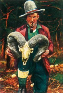 Cacciatore di trofei con teschio di pecora Bighorn, c. 1928