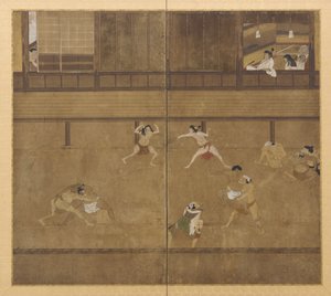 Schermo a due pannelli raffigurante lottatori, periodo Edo da Unbekannt